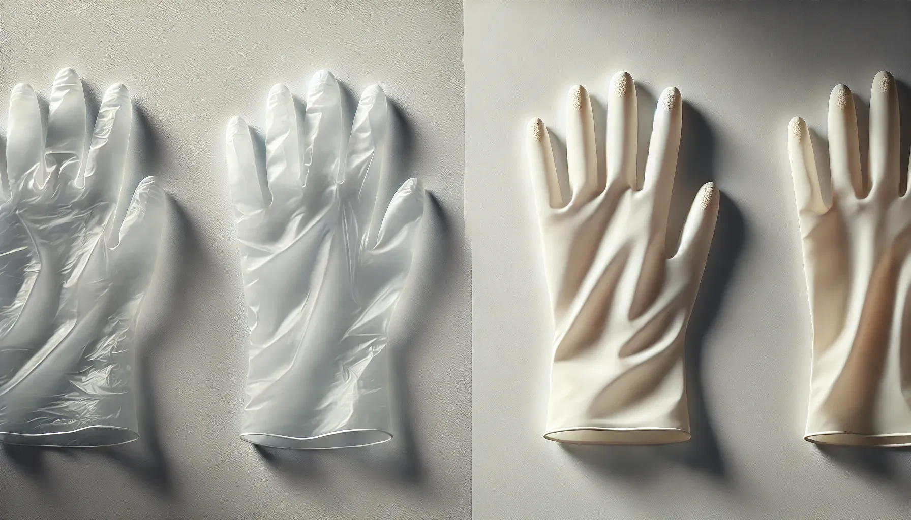 Four disposable gloves on flat surface