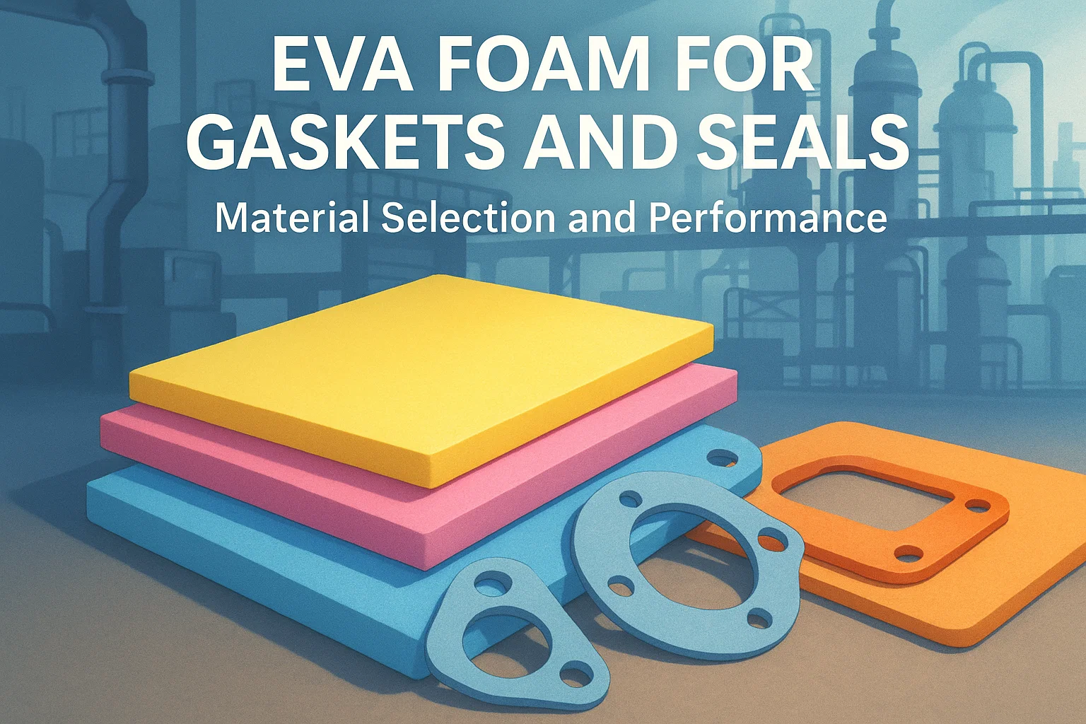 Illustration of EVA foam sheets and gasket components with industrial machinery in the background, representing sealing applications and material performance.